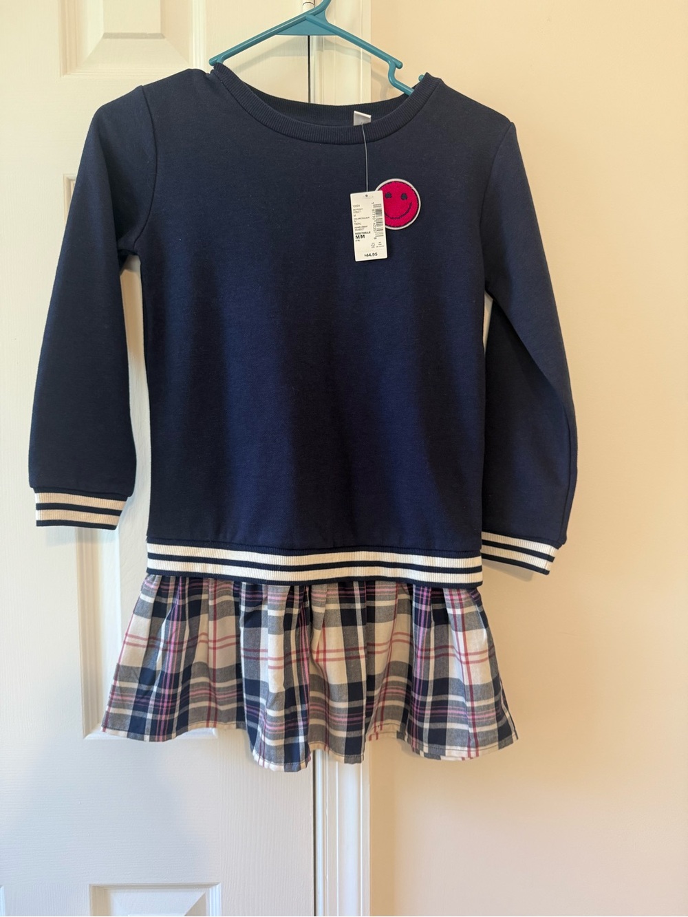 Girls Navy Smiley Sweatshirt Dress with Plaid Skirt